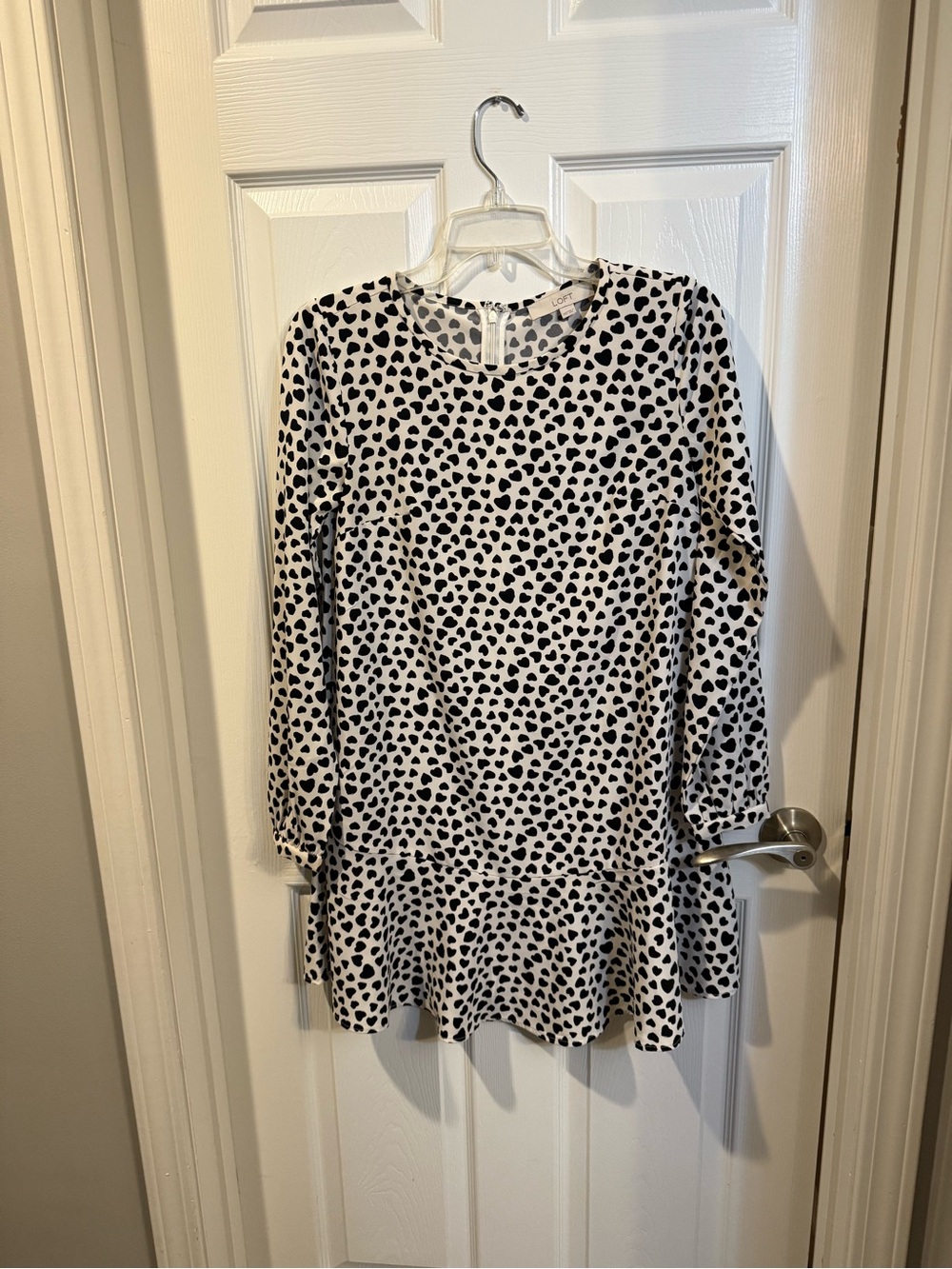 LOFT Black and White Heart Print Long Sleeve Ruffled Hem Dress